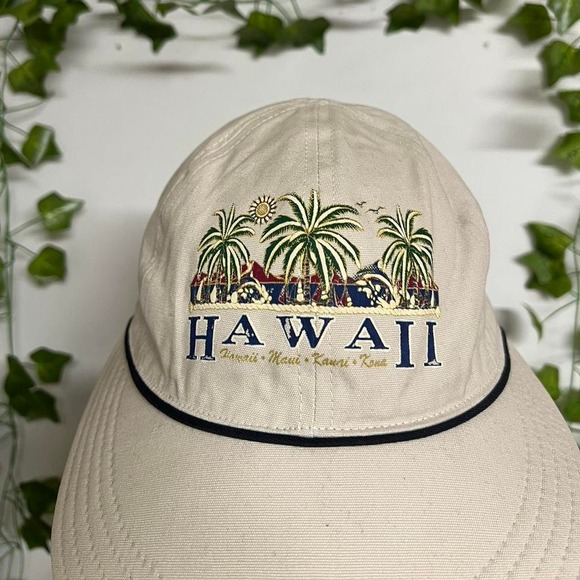 Vintage 90s‎ Hawaii Islands Womens Tie Back Hat Brimmed Soft Beige Cap OSFA USA - Picture 2 of 8